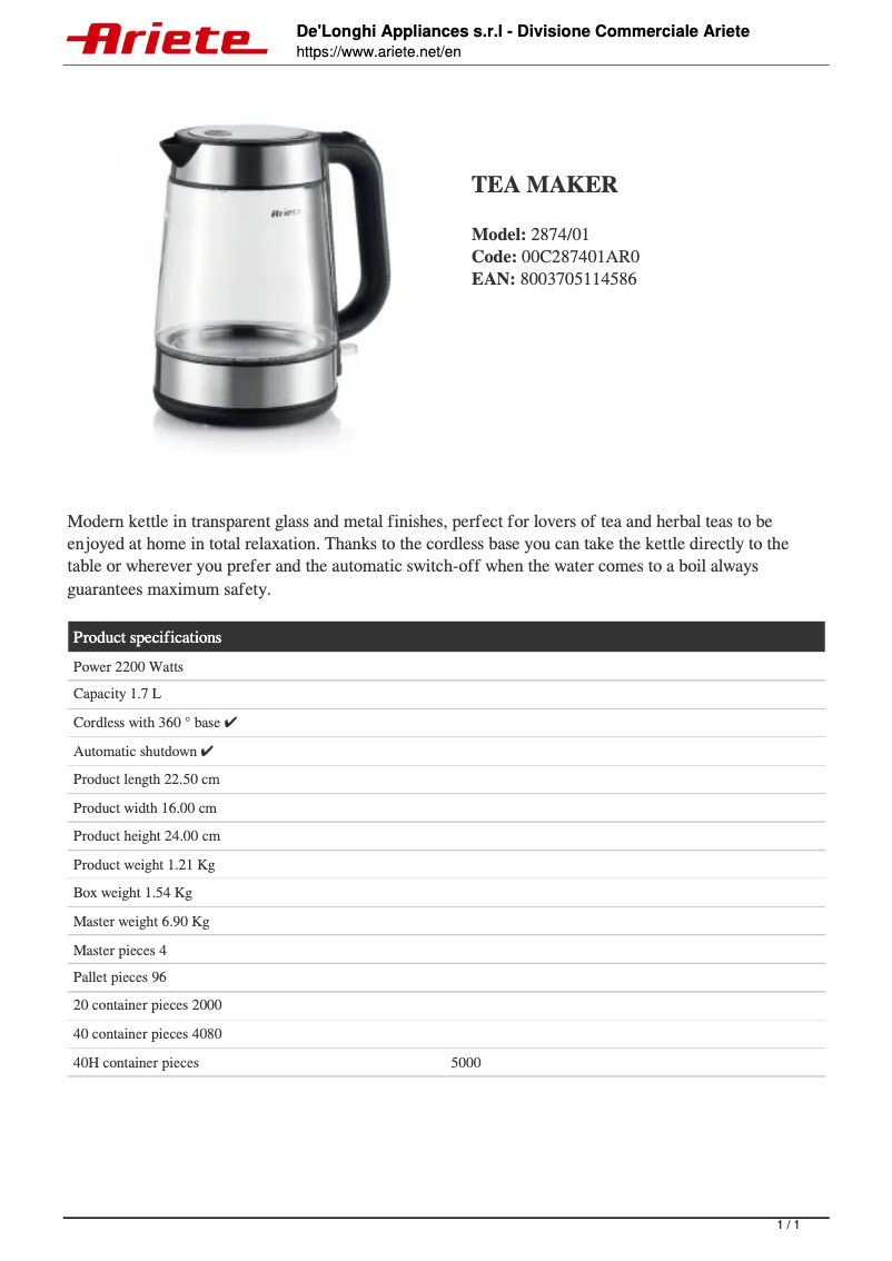 Page n°1 - Fiche technique Ariete 2874