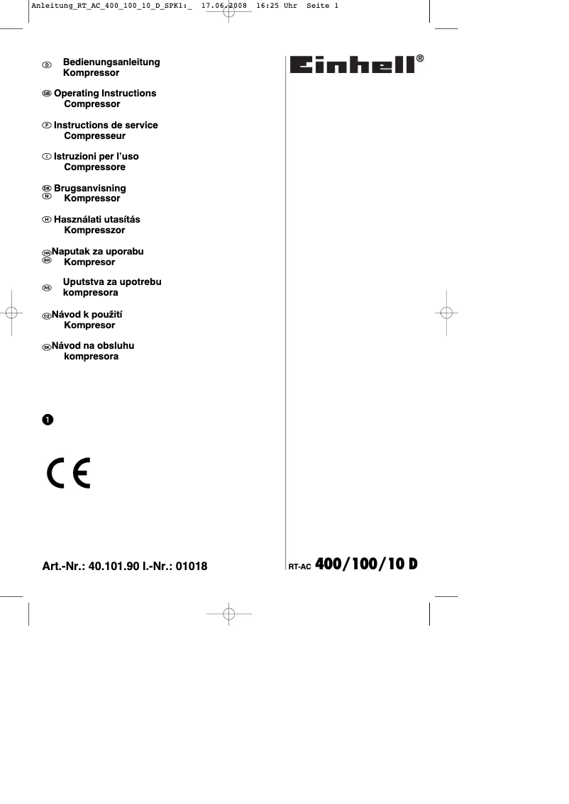 Page 1 de la notice Mode d'emploi Einhell RT-AC 400/100/10 D