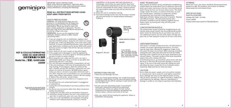 Page n°1 - Manuel utilisateur Gemini GHDD16BK