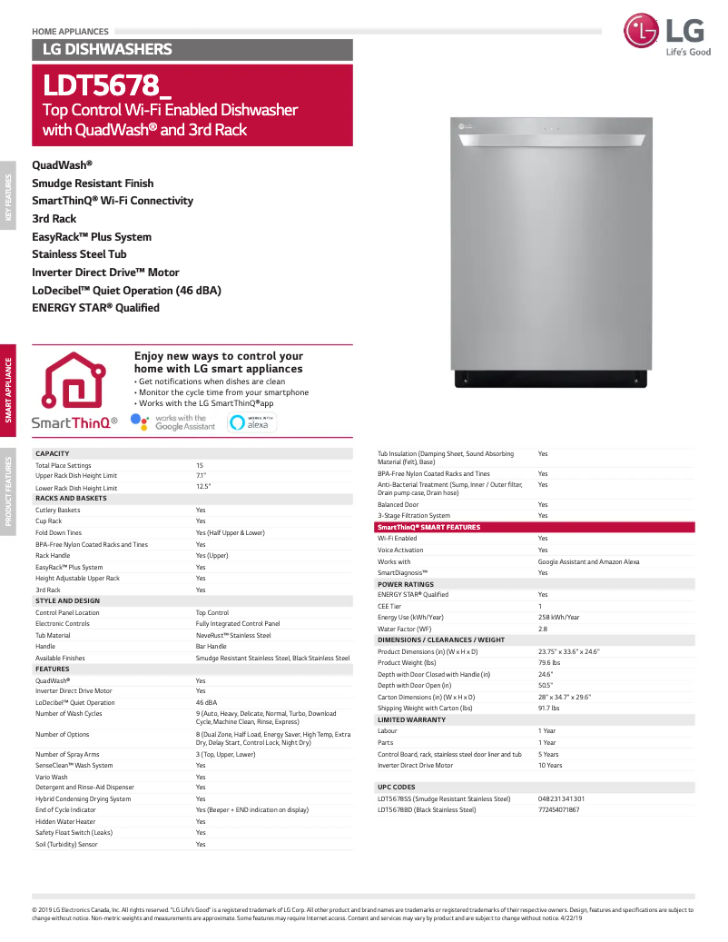 Page 1 de la notice Fiche technique LG LDT5678SS