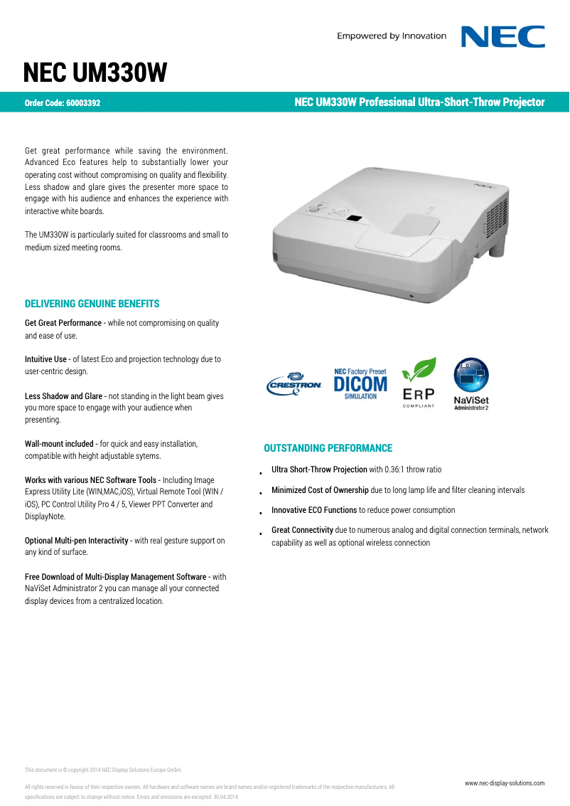 Page 1 de la notice Fiche technique NEC UM330W