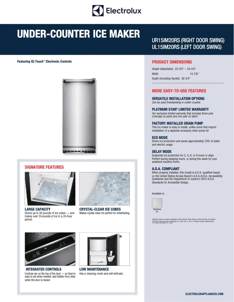 Page 1 de la notice Fiche technique Electrolux UR15IM20R