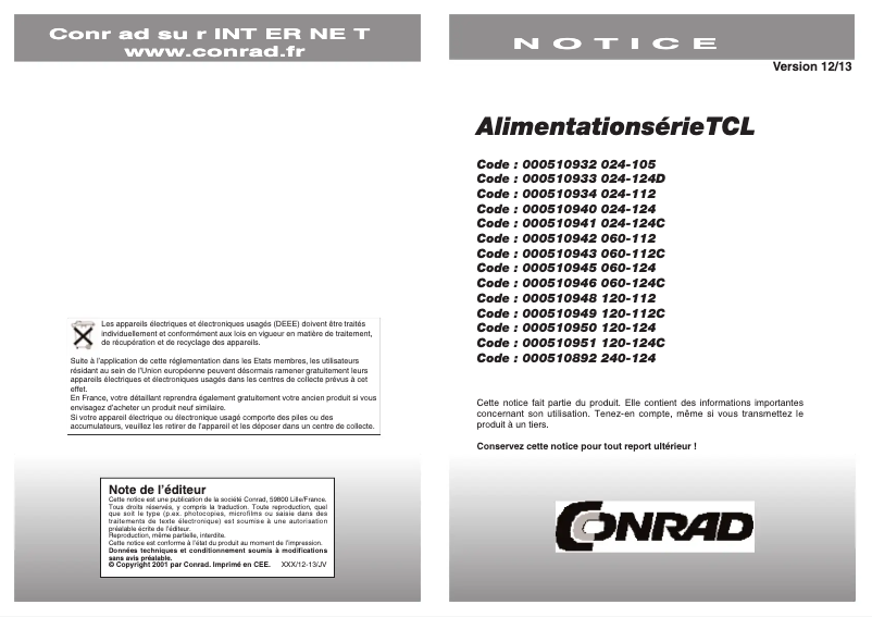 Page 1 de la notice Manuel utilisateur Traco Power TCL 060-124