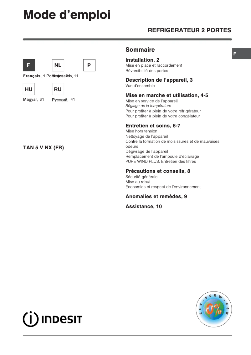 Page 1 de la notice Manuel utilisateur Indesit TAN 5 V NX