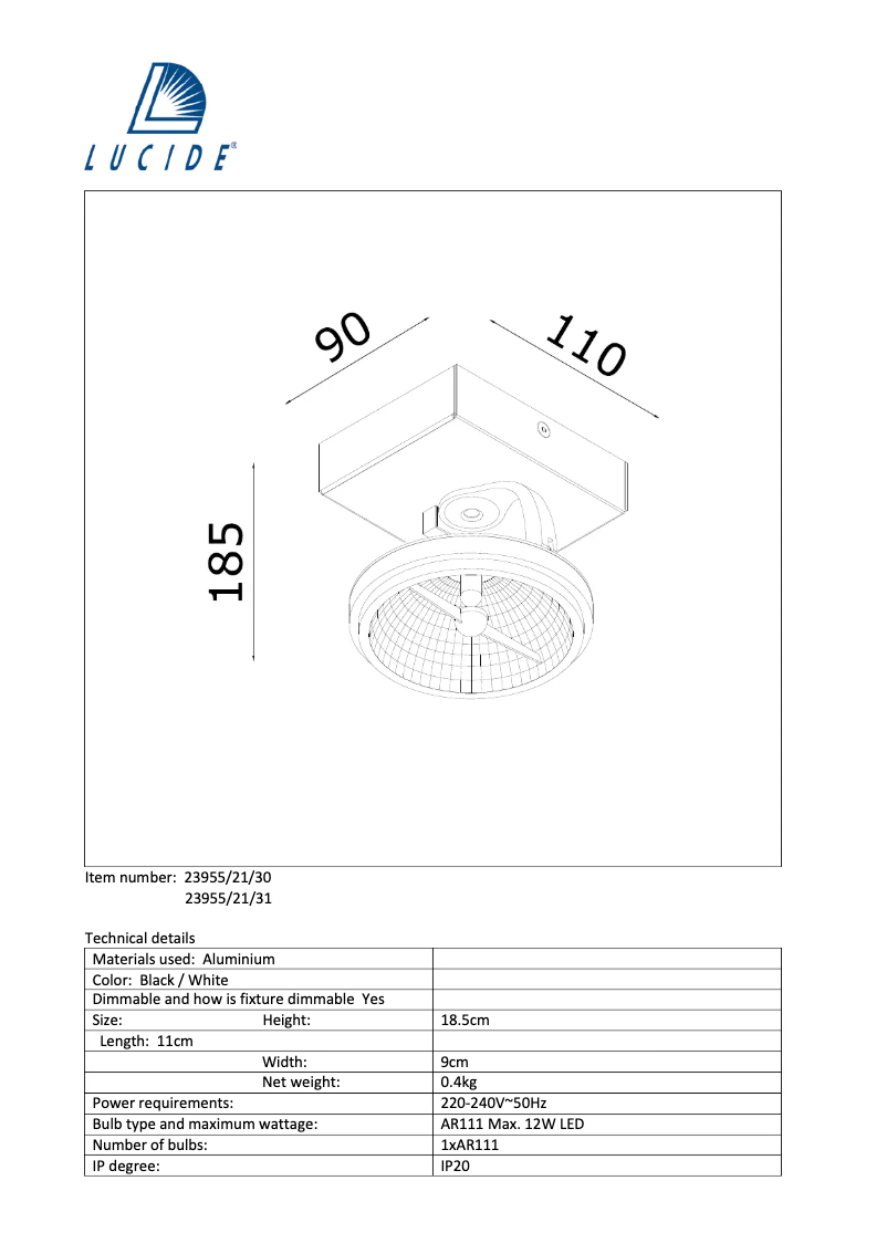 Page n°1 - Manuel utilisateur Lucide Xentrix 23955/21/30