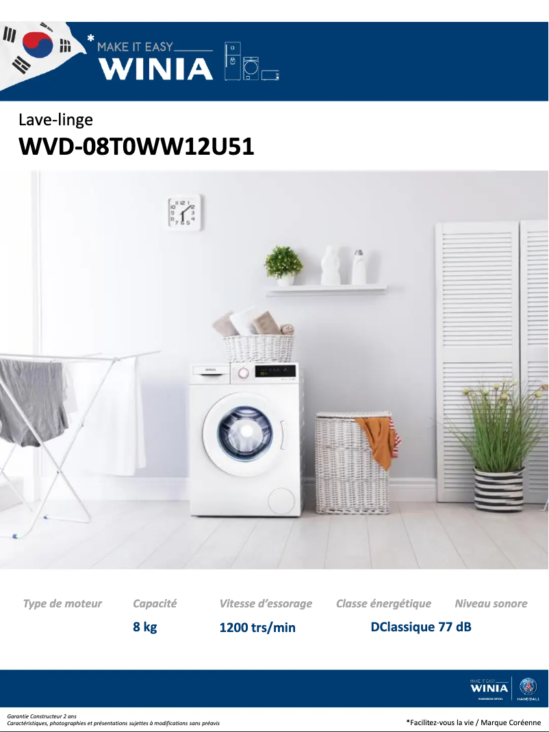 Page 1 de la notice Fiche technique Winia WVD-08T0WW12U51
