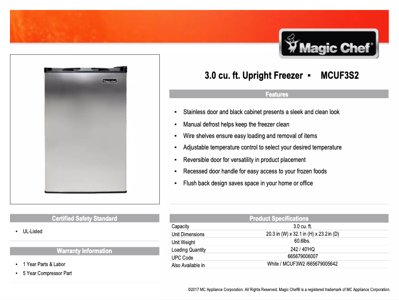 Página 1 del manual Ficha técnica Magic Chef MCUF3S2