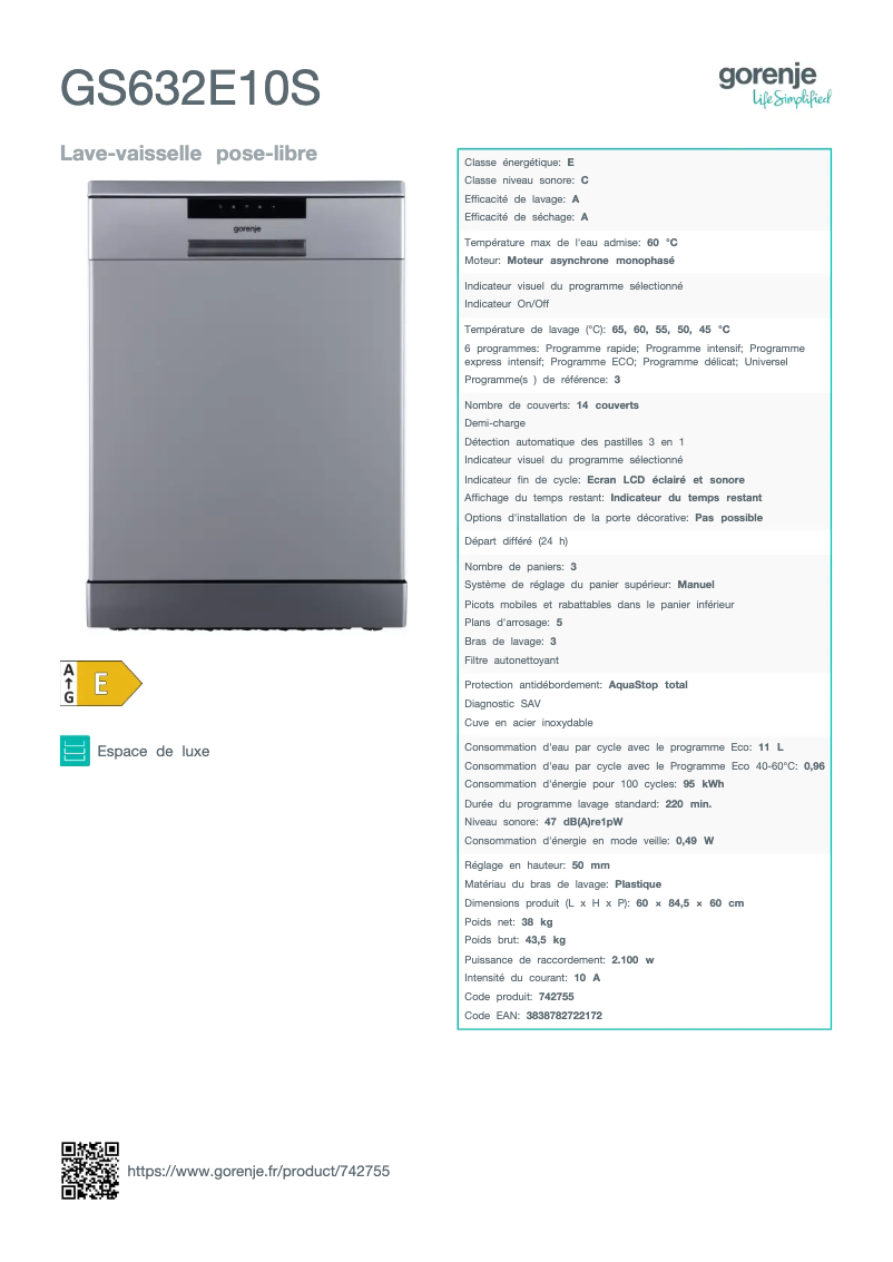 Page n°1 - Fiche technique Gorenje GS632E10S