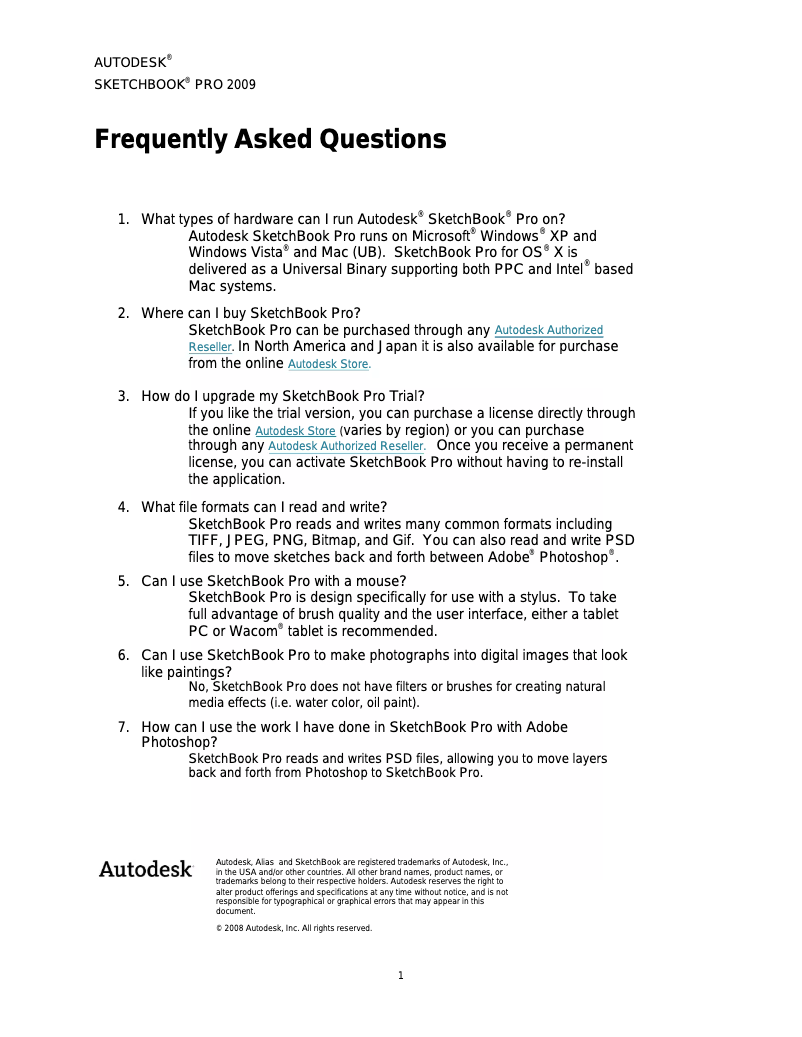 Page 1 de la notice Manuel utilisateur Autodesk SketchBook Pro 2010