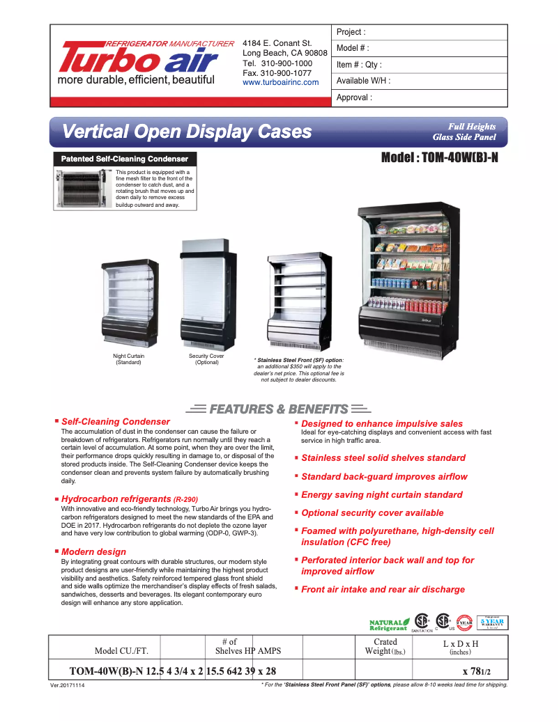 Página 1 del manual Ficha técnica Turbo air TOM-40