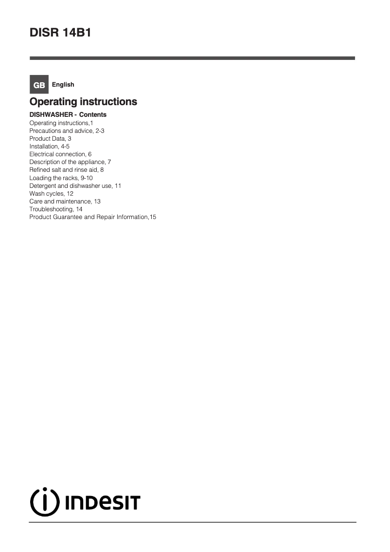 Page n°1 - Manuel utilisateur Indesit DISR 14B1 UK