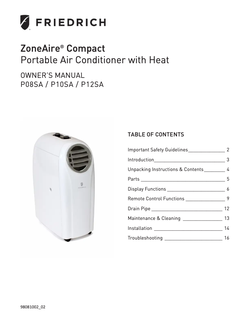 Page n°1 - Manuel utilisateur Friedrich ZoneAire Compact ZCP12SA