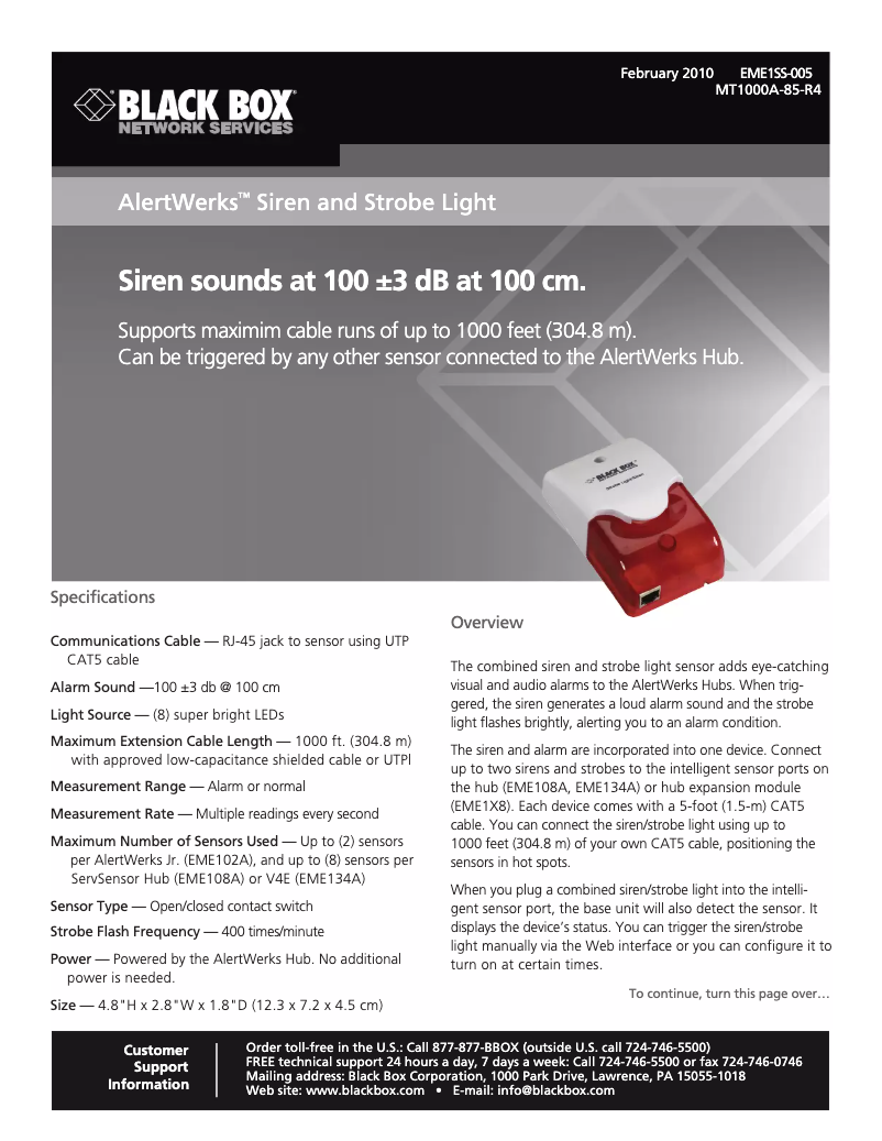 Page n°1 - Manuel utilisateur Black Box AlertWerks EME1SS-005