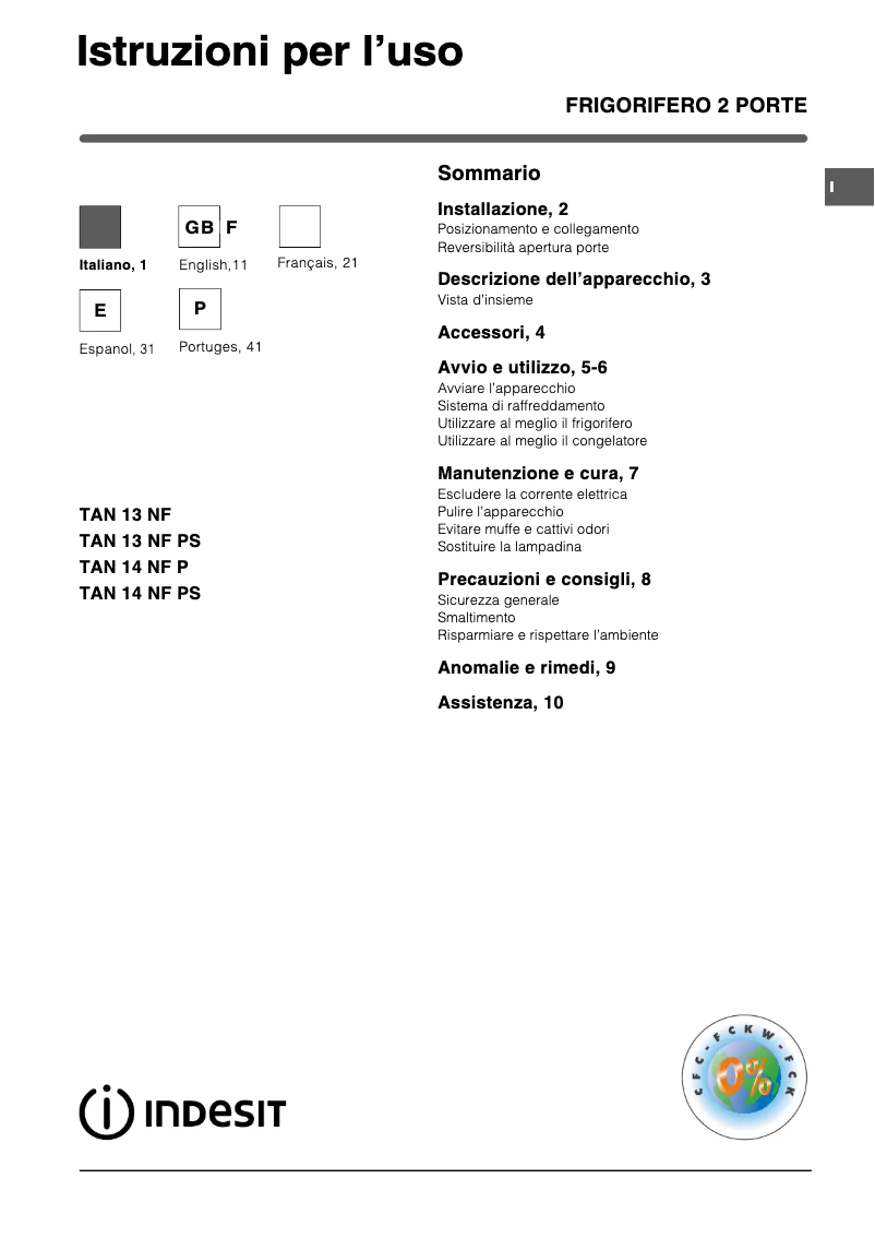 Page 1 de la notice Manuel utilisateur Indesit TAN 14 NF PS (0)