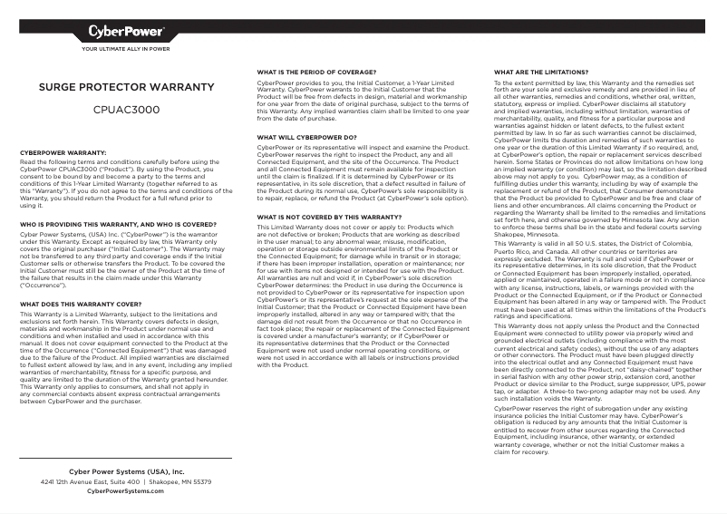 Página 1 del manual Información de garantía CyberPower CPUAC3000