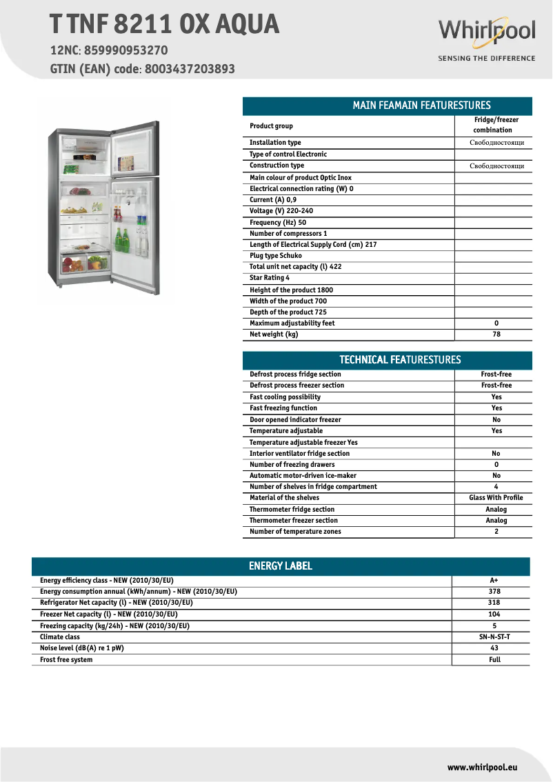 Page 1 de la notice Fiche technique Whirlpool T TNF 8211 OX AQUA