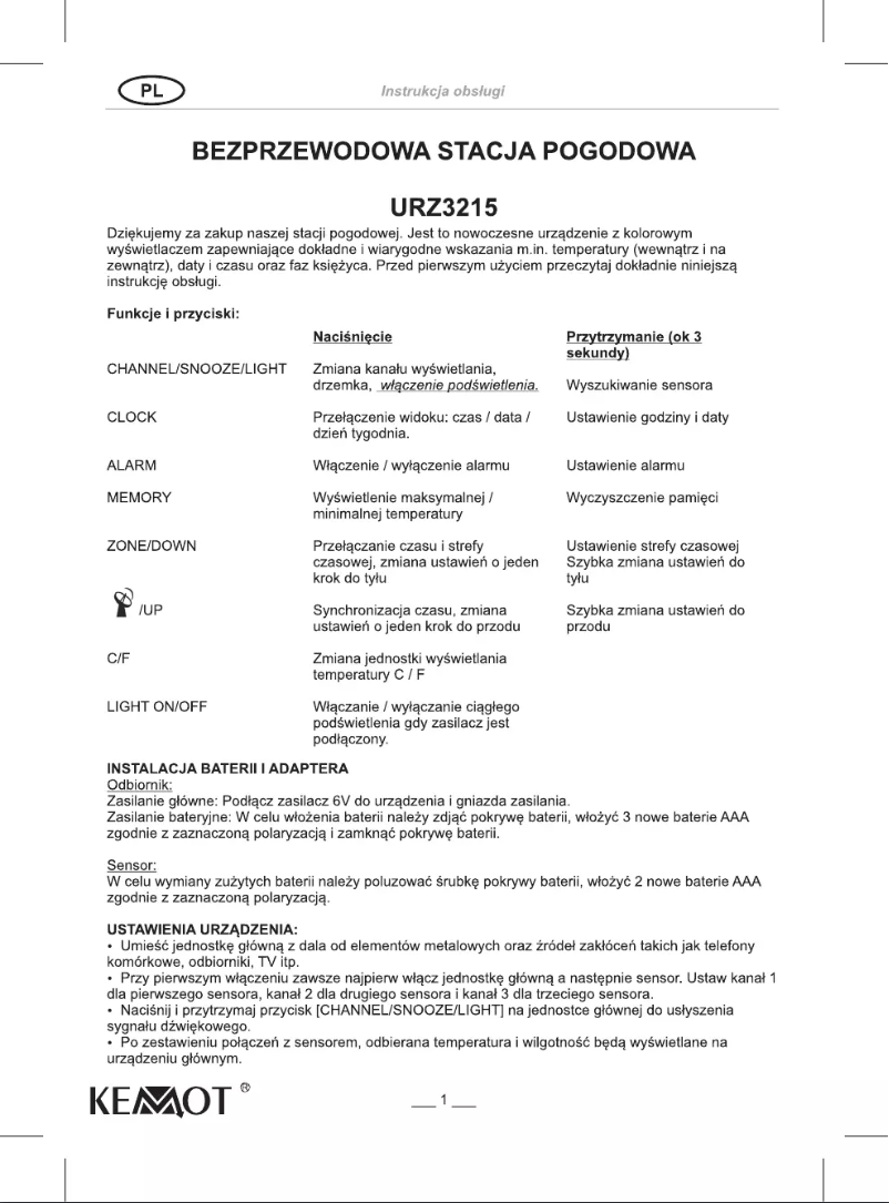 Page 1 de la notice Manuel utilisateur Kemot URZ3215