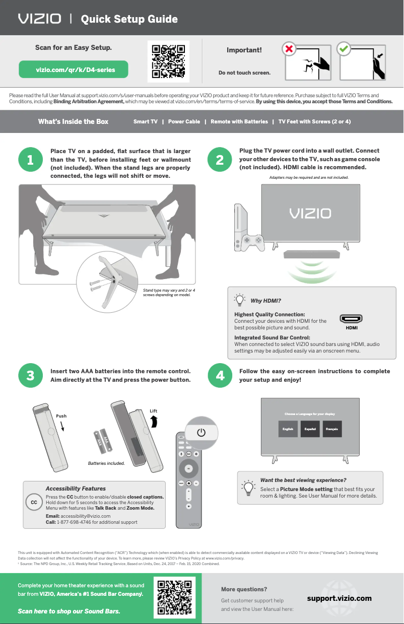 Page 1 de la notice Guide de démarrage rapide VIZIO D43fM-K04