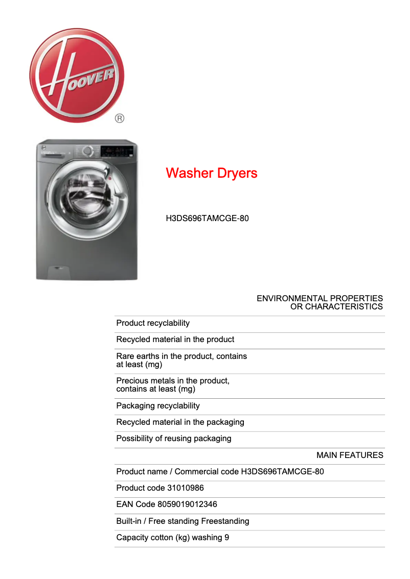 Page n°1 - Fiche technique Hoover H-WASH&DRY 300 PLUS H3DS696TAMCGE-80