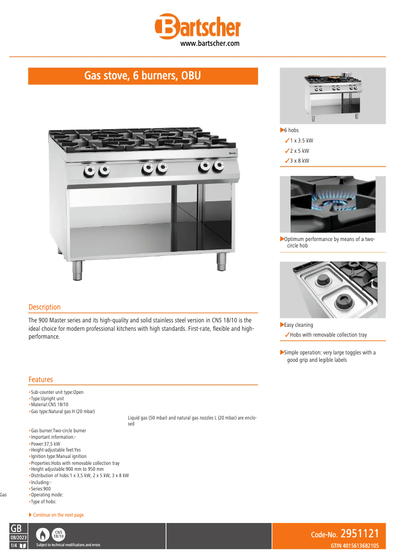 Page 1 de la notice Fiche technique Bartscher 2951121