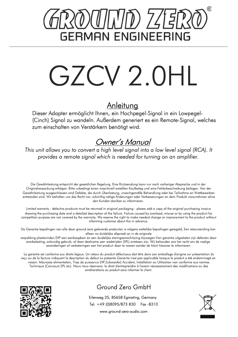 Imagen de la primera página del manual del dispositivo GZCV 2.0HL