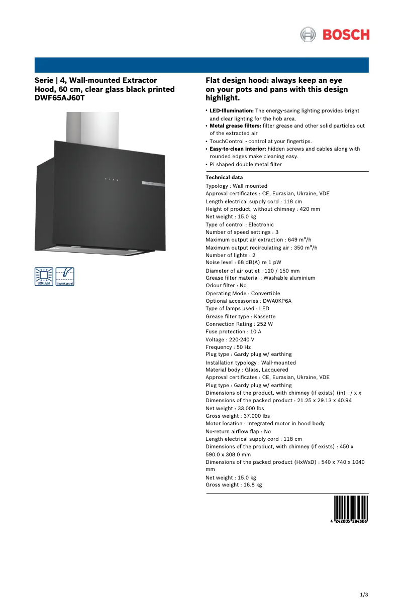 Page 1 de la notice Fiche technique Bosch DWF65AJ60T
