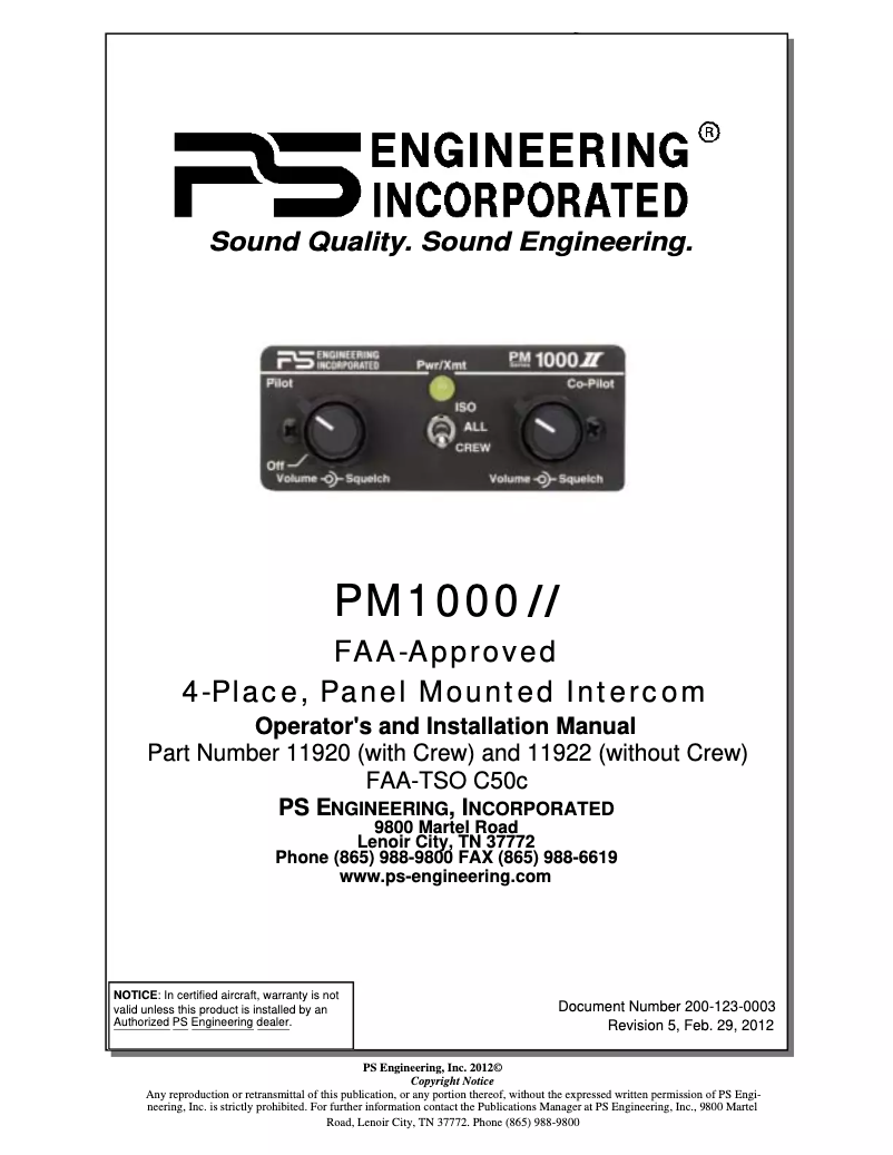 Page n°1 - Manuel utilisateur PS Engineering PM1000II