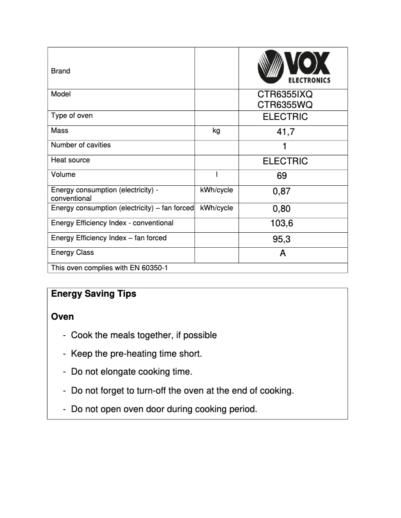 Página 1 del manual Ficha técnica VOX CTR 6355 IXQ