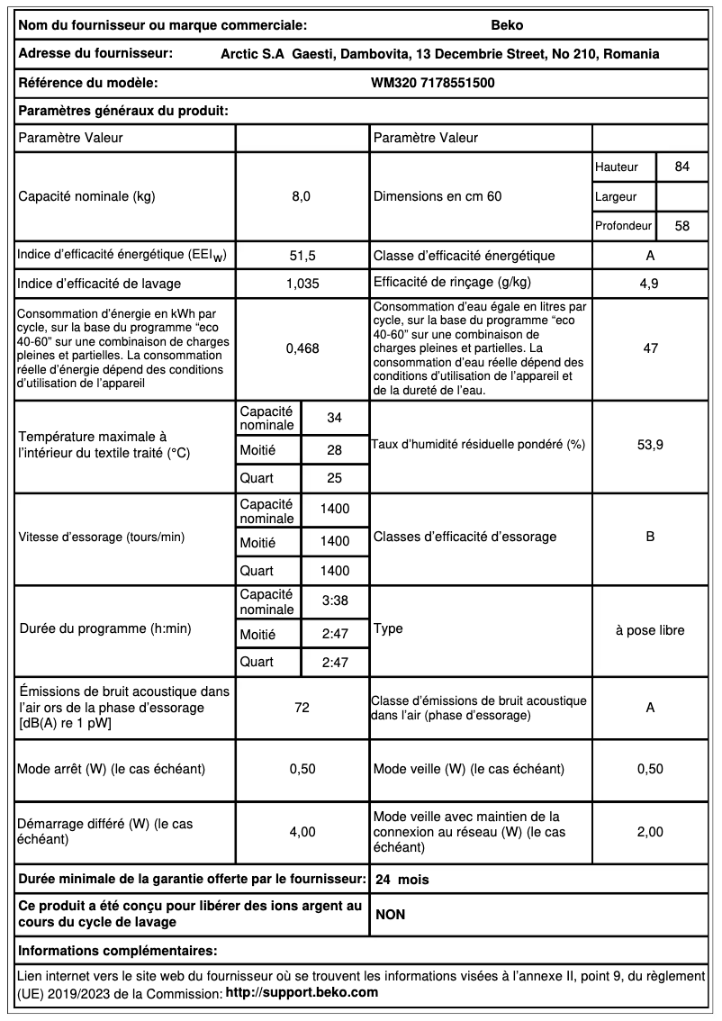 Page 1 de la notice Fiche technique Beko WM320