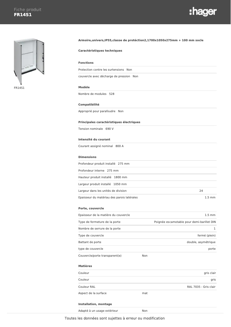 Page 1 de la notice Fiche technique Hager FR14S1