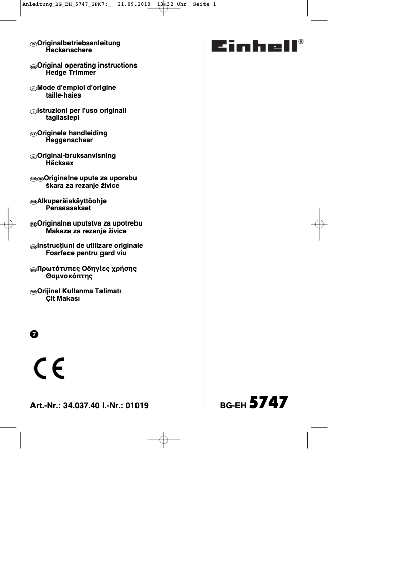 Page 1 de la notice Mode d'emploi Einhell BG-EH 5747