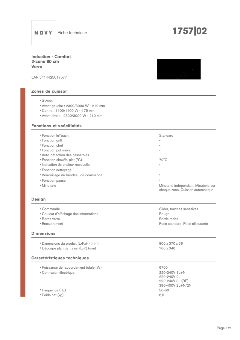 Página 1 del manual Ficha técnica Novy Confort 1757