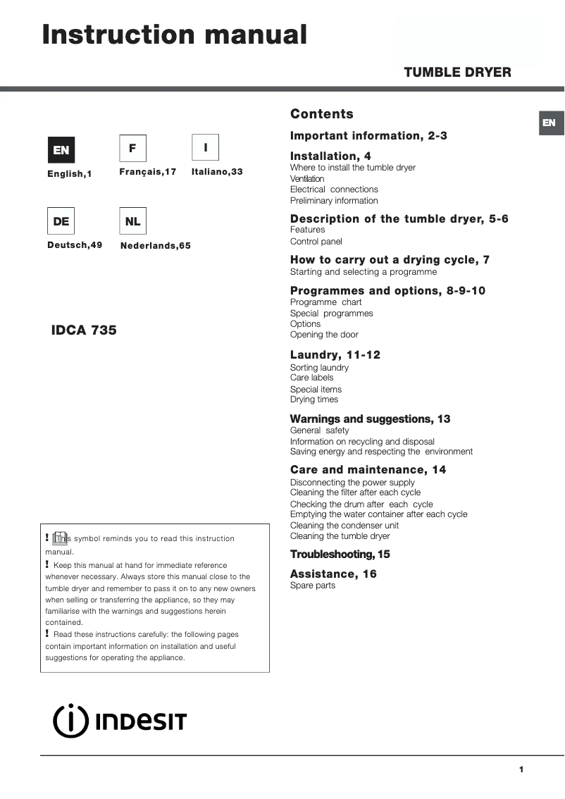 Image de la première page du manuel de l'appareil IDCA 735