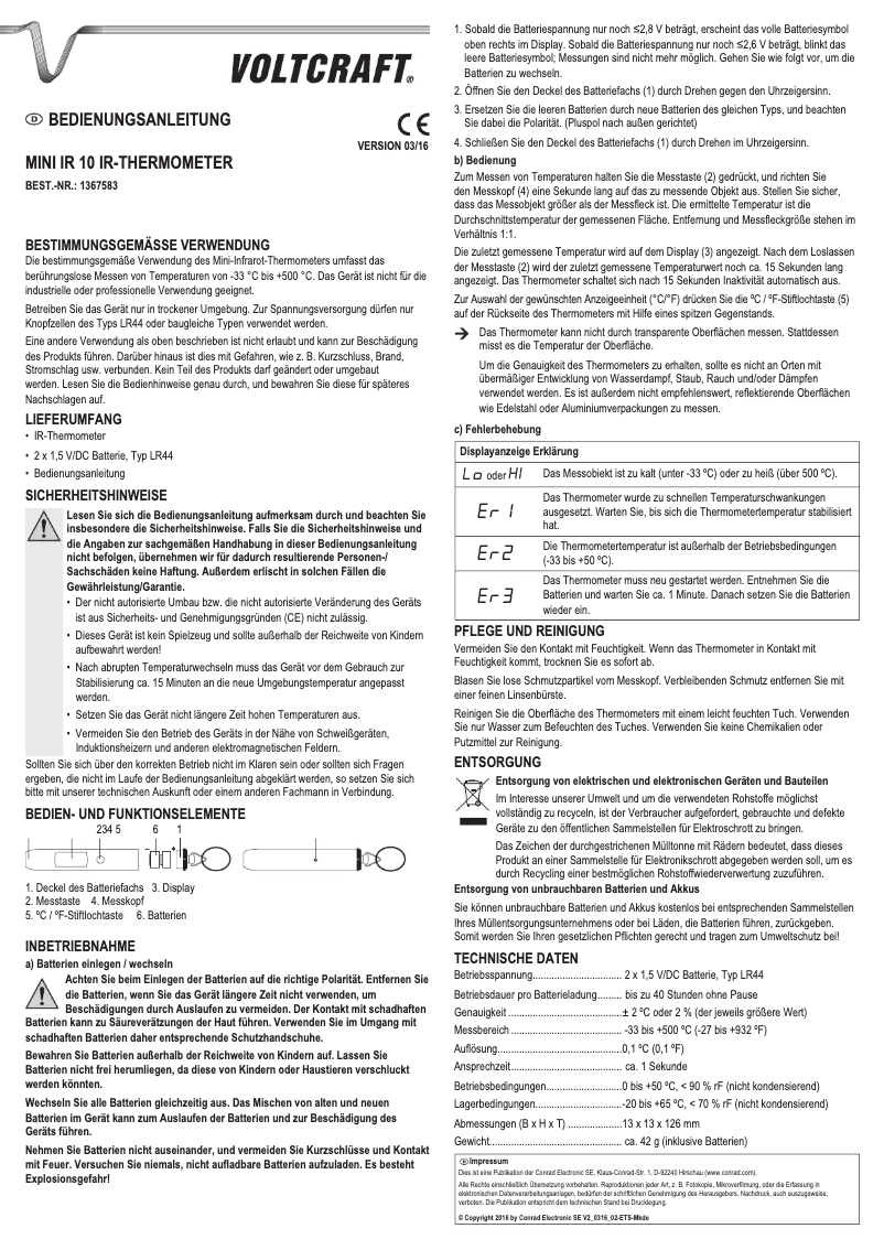 Page 1 de la notice Manuel utilisateur Voltcraft MINI IR 10