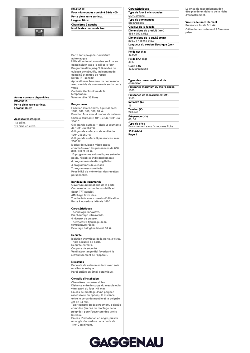 Page 1 de la notice Fiche technique Gaggenau BM485110