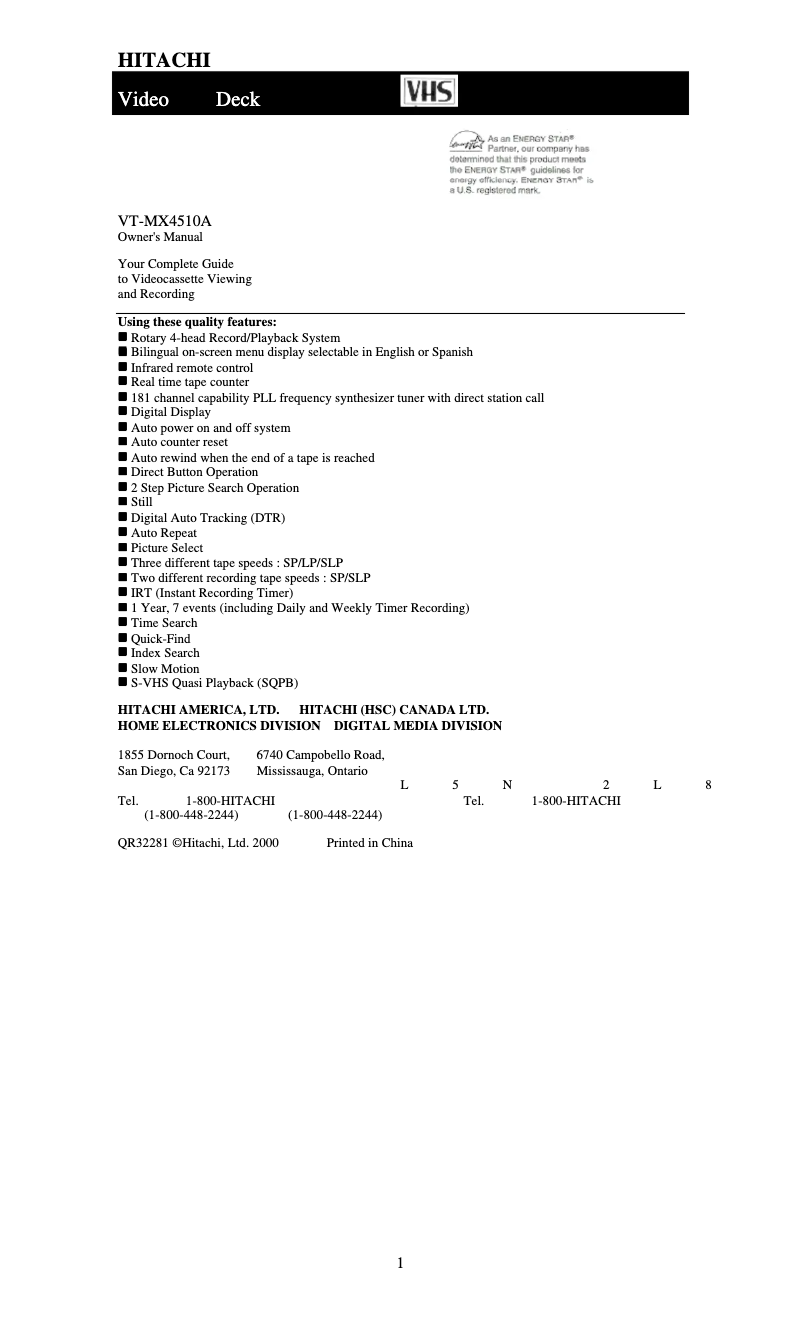 Page n°1 - Manuel utilisateur Hitachi VT-MX4510A