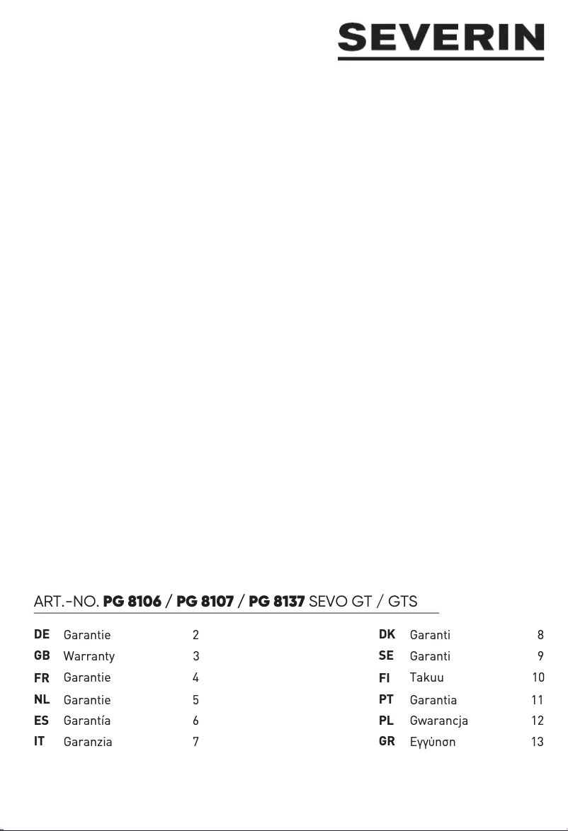 Page 1 de la notice Informations de garantie Severin SEVO GT PG 8106