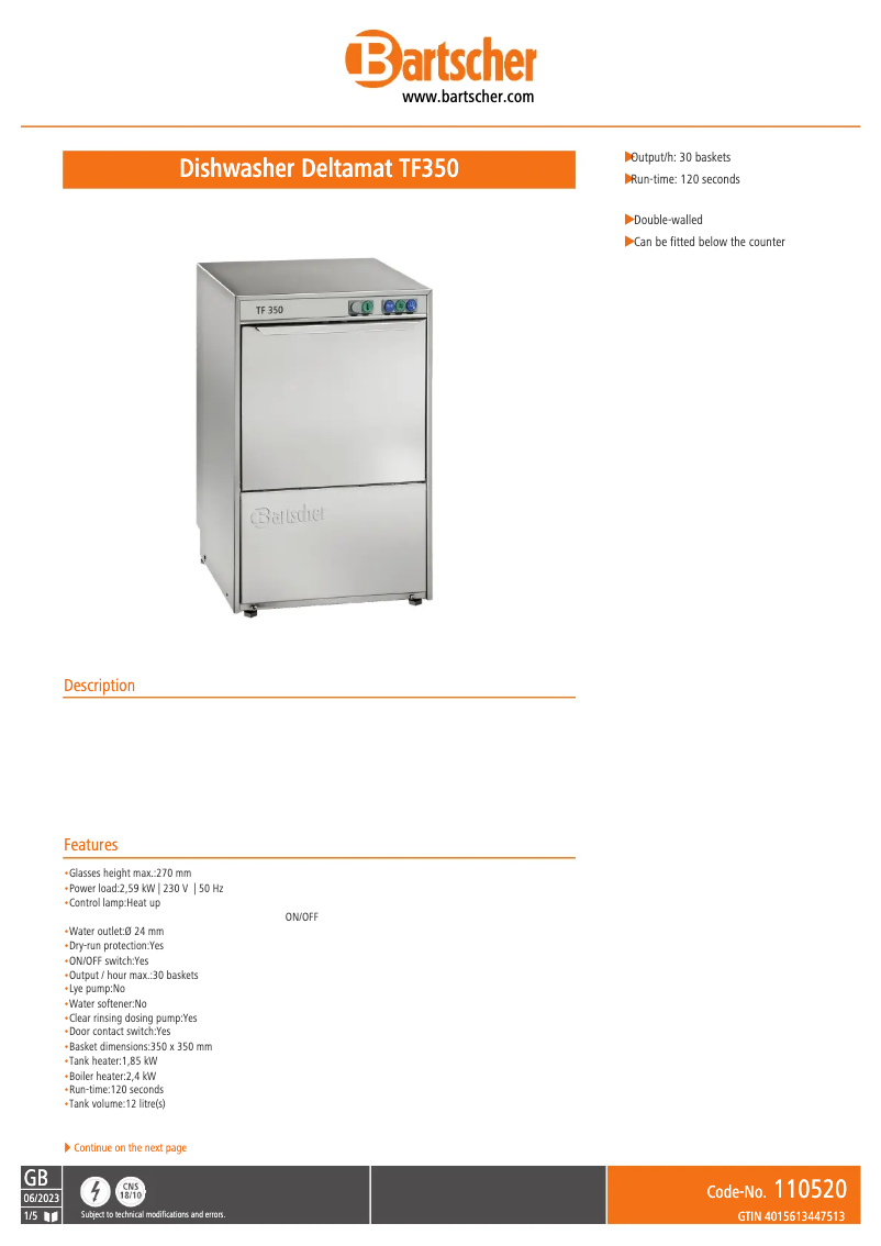 Page n°1 - Fiche technique Bartscher Deltamat TF 350