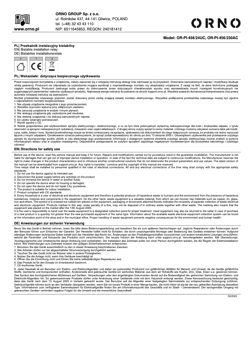 Page n°1 - Manuel utilisateur ORNO OR-PI-456