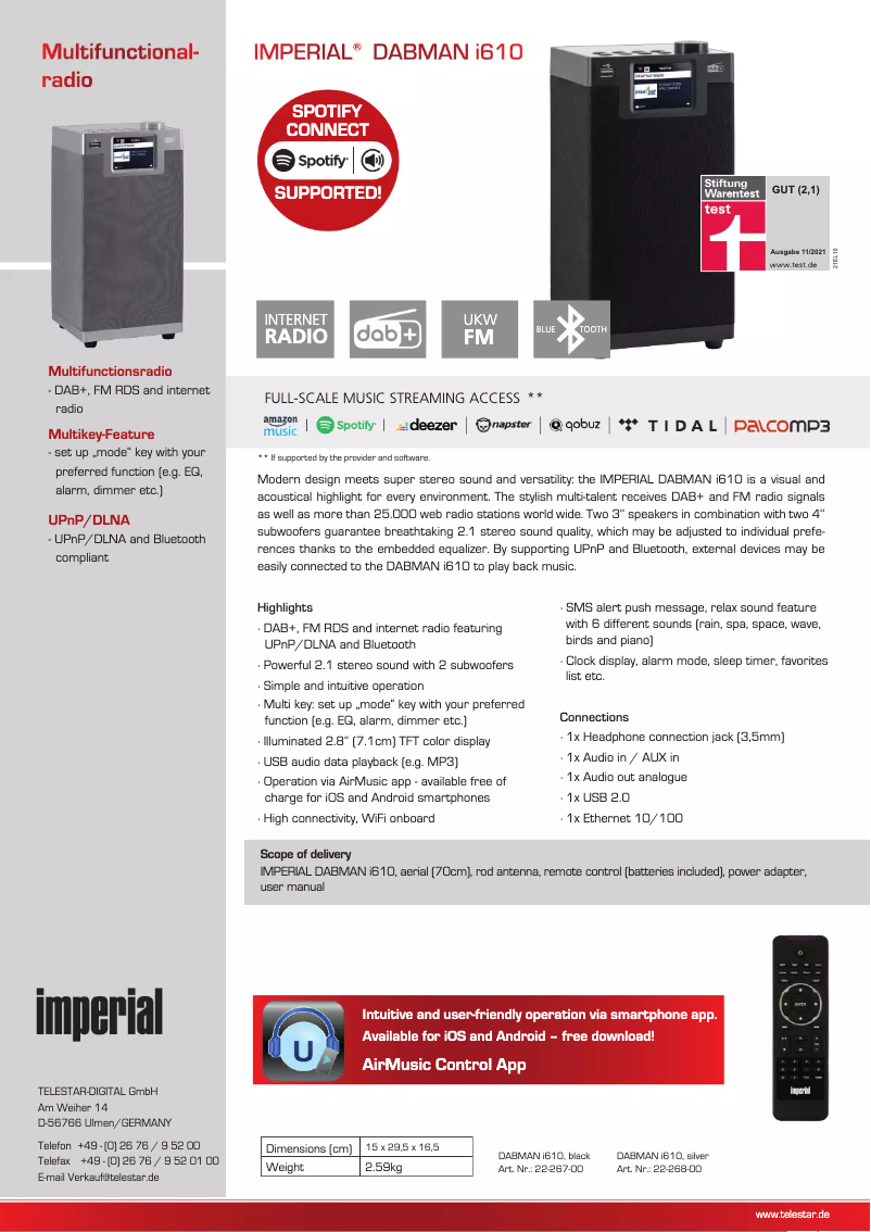 Page 1 de la notice Fiche technique Imperial DABMAN i610