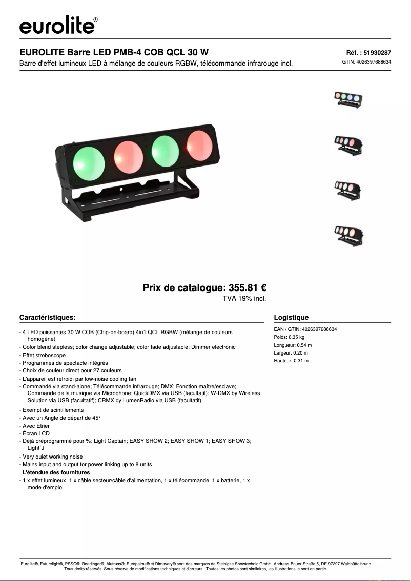Page 1 de la notice Fiche technique Eurolite LED PMB-4