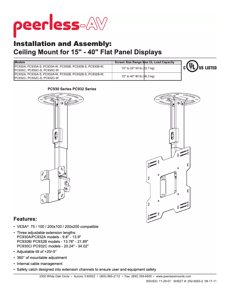 Page n°1 - Manuel utilisateur Peerless-AV PC932A-W