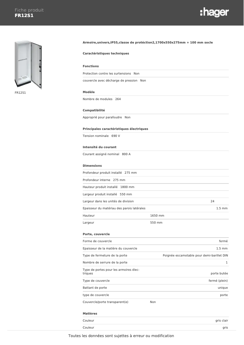 Page 1 de la notice Fiche technique Hager FR12S1