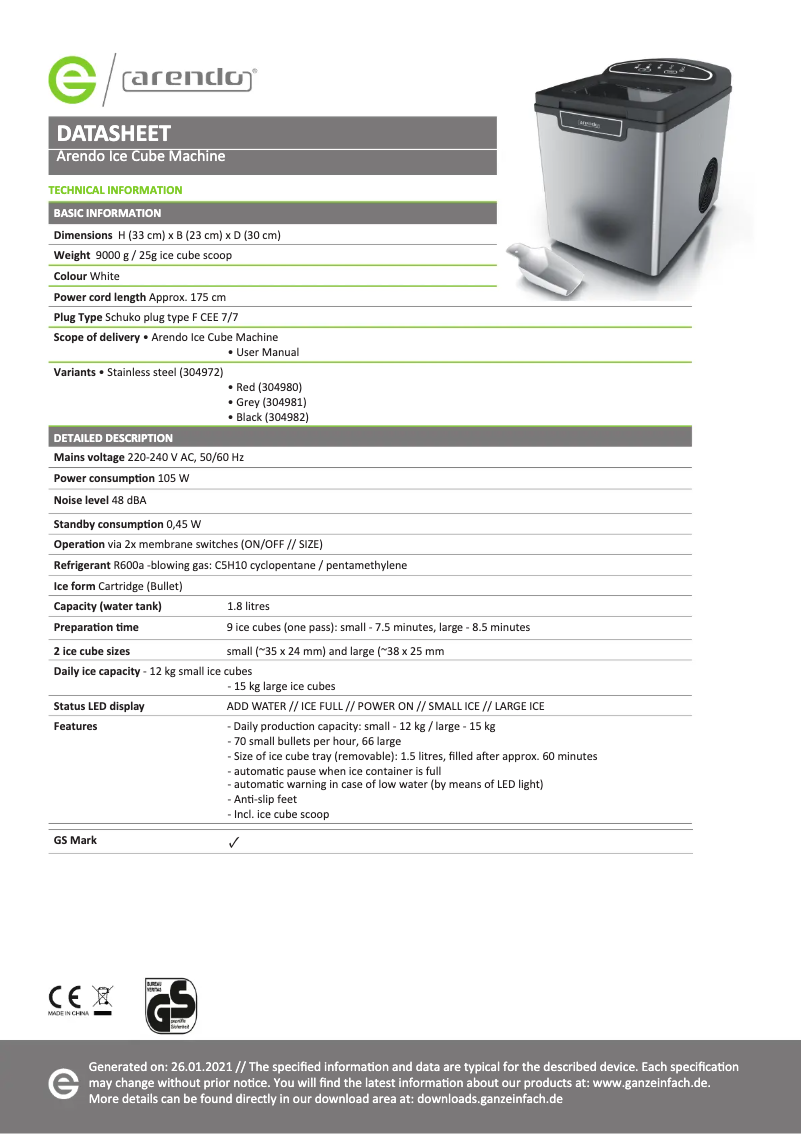 Page 1 de la notice Fiche technique Arendo 304982
