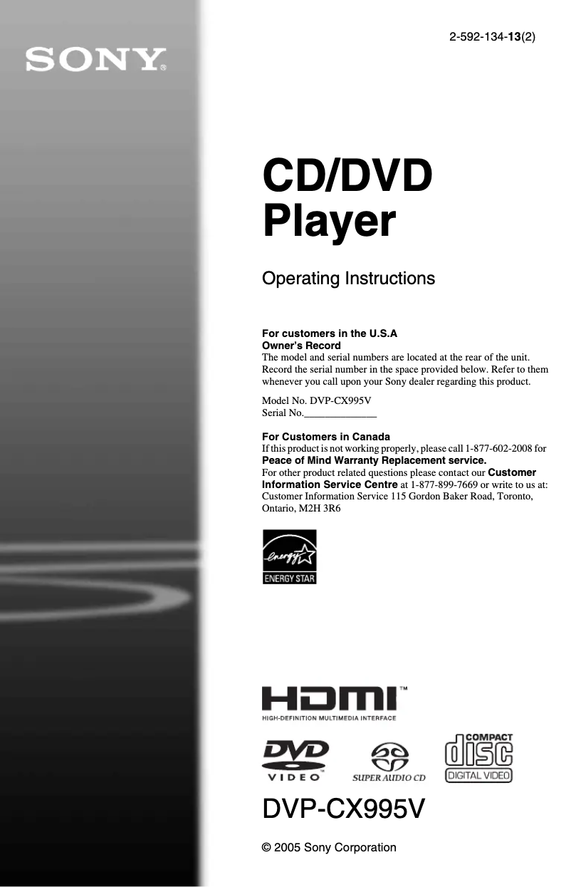 Page 1 de la notice Manuel utilisateur Sony DVP-CX995V