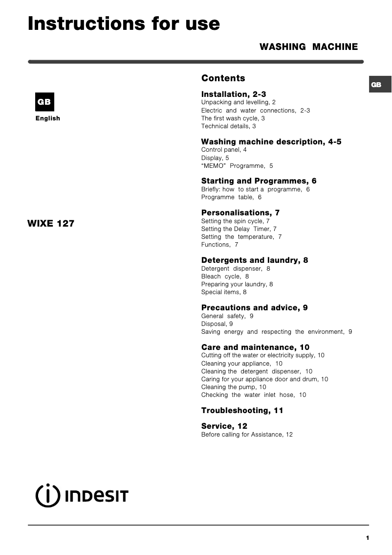 Page n°1 - Manuel utilisateur Indesit WIXE 127 (UK)