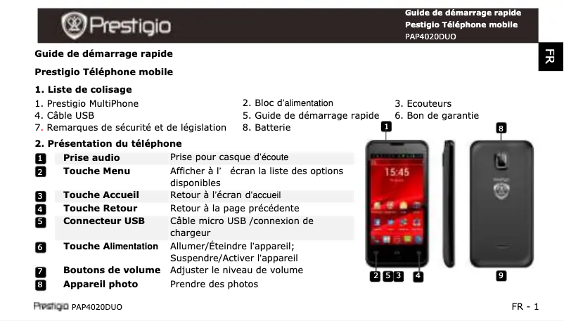 Page 1 de la notice Manuel utilisateur Prestigio MultiPhone 4020 DUO