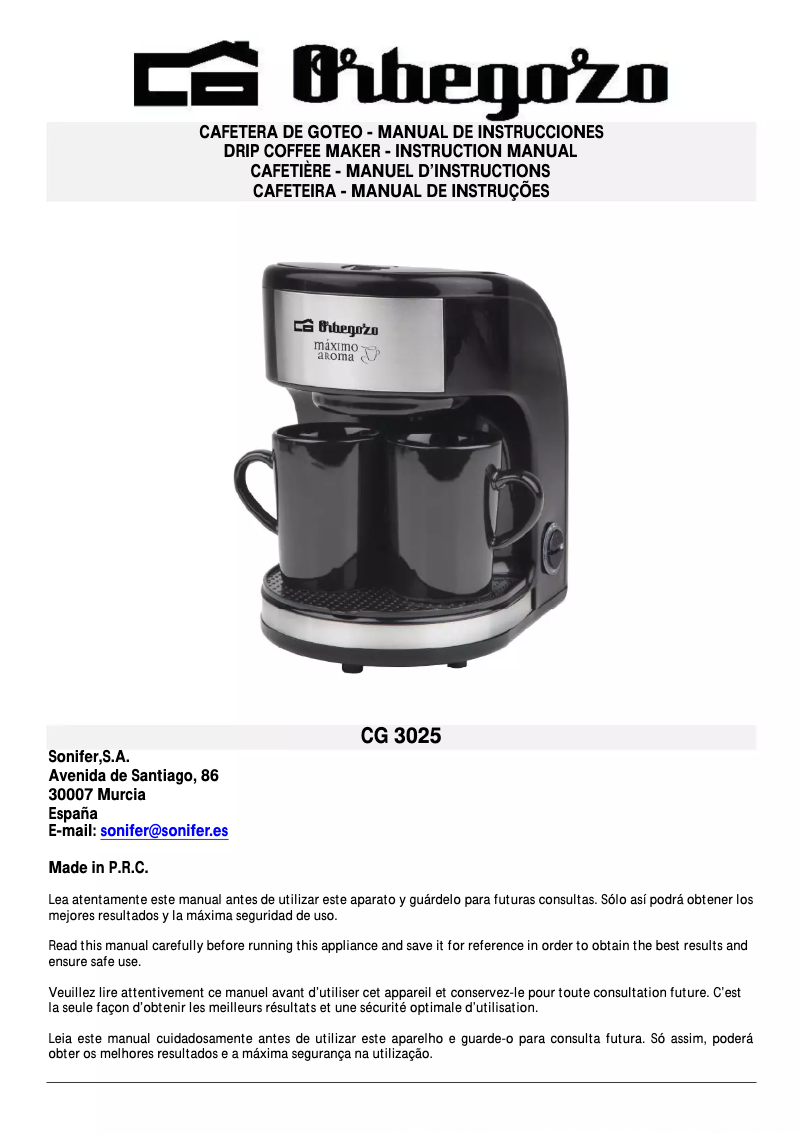 Page 1 de la notice Manuel utilisateur Orbegozo CG 3025