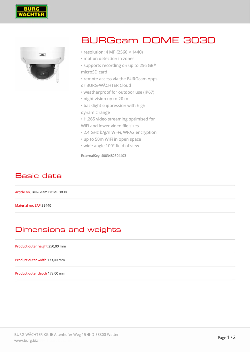 Página 1 del manual Ficha técnica Burg Wächter BURGcam DOME 3030