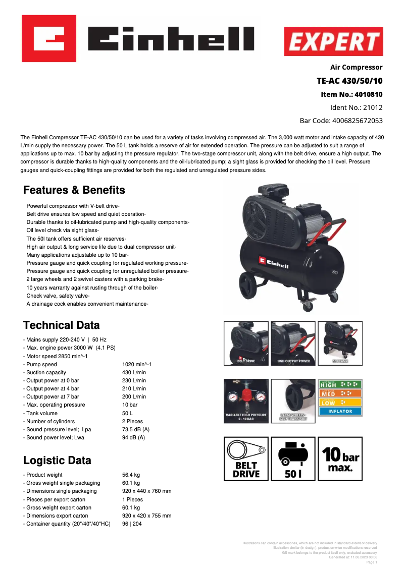 Page n°1 - Fiche technique Einhell TE-AC 430/50/10